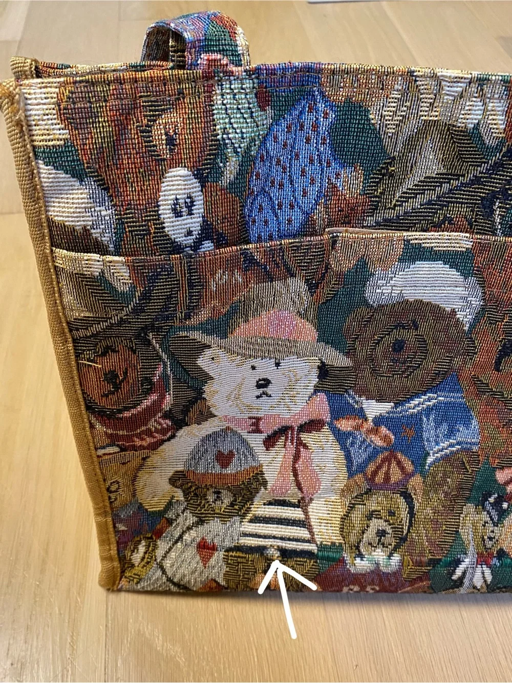 Vintage 90s Tapestry Teddy Bear Tote Bag Grandmacore Cottage Woven Purse